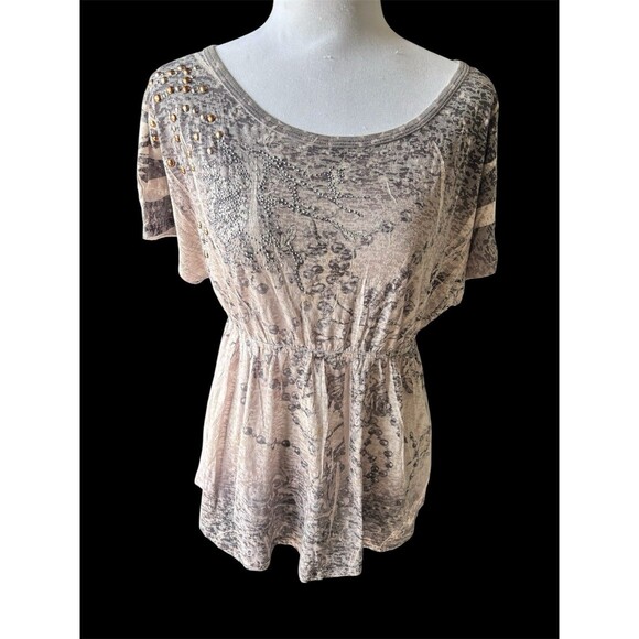 Vtg Y2K Sublimated Bedazzled Embellished Peplum Tee Floral Butterfly Knit Top L - Picture 1 of 9